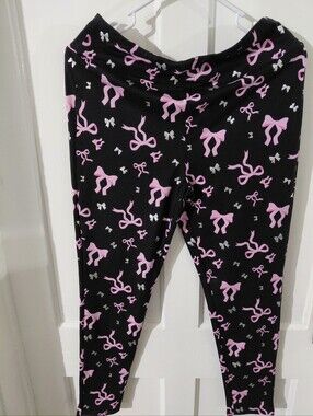 Black Leggings with Pink Bow Print Feeling Festive MEDIUM
